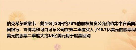 伯克希尔哈撒韦：截至6月30日约78%的股权投资公允价值集中在美国运通、苹果、美国银行、雪佛龙和可口可乐公司在第二季度买入了45.7亿美元的股票同时卖出了125.5亿美元的股票二季度大约14亿美元用于股票回购