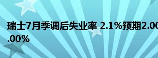 瑞士7月季调后失业率 2.1%预期2.00%前值2.00%