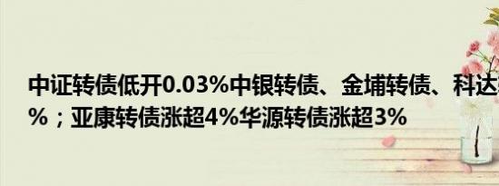 中证转债低开0.03%中银转债、金埔转债、科达转债跌超1%；亚康转债涨超4%华源转债涨超3%