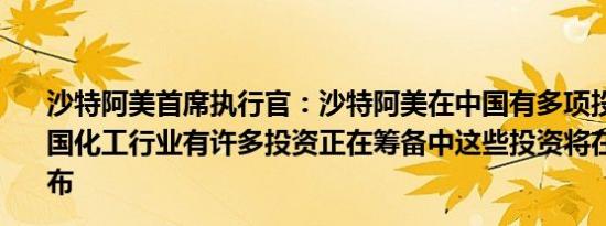 沙特阿美首席执行官：沙特阿美在中国有多项投资计划在中国化工行业有许多投资正在筹备中这些投资将在适当时候公布