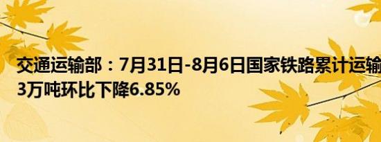 交通运输部：7月31日-8月6日国家铁路累计运输货物6700.3万吨环比下降6.85%