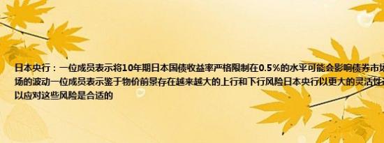 日本央行：一位成员表示将10年期日本国债收益率严格限制在0.5%的水平可能会影响债券市场的运作和其他金融市场的波动一位成员表示鉴于物价前景存在越来越大的上行和下行风险日本央行以更大的灵活性进行收益率曲线控制以应对这些风险是合适的