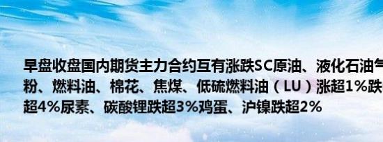 早盘收盘国内期货主力合约互有涨跌SC原油、液化石油气（LPG）、淀粉、燃料油、棉花、焦煤、低硫燃料油（LU）涨超1%跌幅方面纯碱跌超4%尿素、碳酸锂跌超3%鸡蛋、沪镍跌超2%