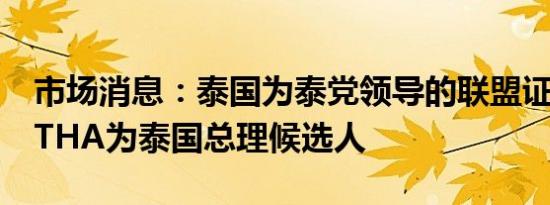 市场消息：泰国为泰党领导的联盟证实SRETTHA为泰国总理候选人