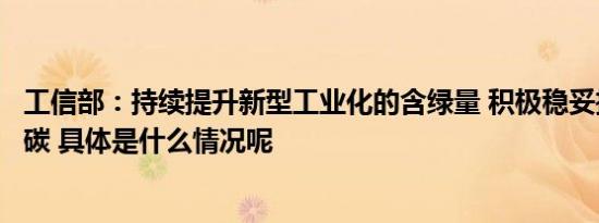 工信部：持续提升新型工业化的含绿量 积极稳妥推进工业减碳 具体是什么情况呢