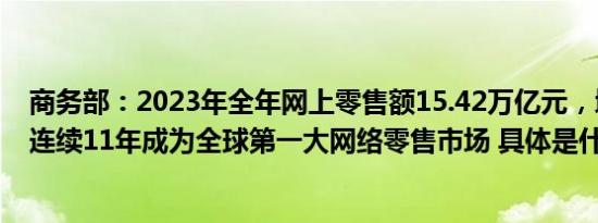 商务部：2023年全年网上零售额15.42万亿元，增长11%，连续11年成为全球第一大网络零售市场 具体是什么情况呢