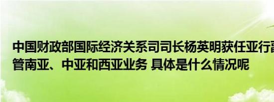 中国财政部国际经济关系司司长杨英明获任亚行副行长，主管南亚、中亚和西亚业务 具体是什么情况呢