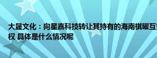 大晟文化：向星嘉科技转让其持有的海南祺曜互娱100%股权 具体是什么情况呢