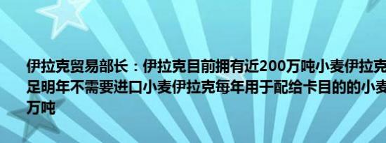 伊拉克贸易部长：伊拉克目前拥有近200万吨小麦伊拉克已实现自给自足明年不需要进口小麦伊拉克每年用于配给卡目的的小麦需求量为550万吨