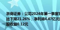 浙商证券：公司2024年第一季度实现营业收入38.82亿元同比下降21.26%；净利润4.47亿元同比下降8.31%；基本每股收益0.12元