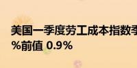 美国一季度劳工成本指数季环比 1.2%预期 1%前值 0.9%