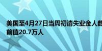 美国至4月27日当周初请失业金人数20.8万人预期21.2万人前值20.7万人