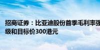 招商证券：比亚迪股份首季毛利率强劲提升 维持“增持”评级和目标价300港元