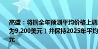 高盛：将铜全年预测平均价格上调至每吨9,800美元（之前为9,200美元）并保持2025年平均价格预测为每吨15,000美元