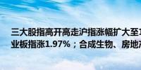 三大股指高开高走沪指涨幅扩大至1%深证成指涨1.85%创业板指涨1.97%；合成生物、房地产、石墨电极概念领涨