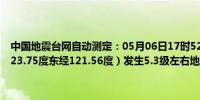 中国地震台网自动测定：05月06日17时52分在台湾花莲县附近（北纬23.75度东经121.56度）发生5.3级左右地震最终结果以正式速报为准