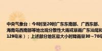 中央气象台：今8时至20时广东东南部、广西东部、云南南部、湖南南部、贵州东部以及海南岛西南部等地出现分散性大雨或暴雨广东汕尾和惠州、海南乐东局地大暴雨（111～129毫米）；上述部分地区最大小时降雨量30～70毫米海南乐东局地87毫米