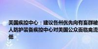 美国疾控中心：建议各州优先向有畜群被证实感染禽流感的农场分发个人防护装备疾控中心对美国公众面临禽流感直接风险的评估水平仍然很低