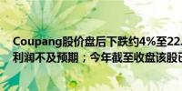 Coupang股价盘后下跌约4%至22.40美元此前公布的季度利润不及预期；今年截至收盘该股已上涨46%