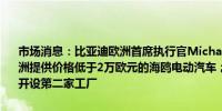 市场消息：比亚迪欧洲首席执行官Michael Shu称比亚迪的目标是在欧洲提供价格低于2万欧元的海鸥电动汽车；比亚迪将考虑2025年在欧洲开设第二家工厂