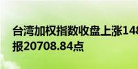 台湾加权指数收盘上涨148.07点涨幅0.72%报20708.84点