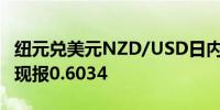 纽元兑美元NZD/USD日内涨幅扩大至0.50%现报0.6034