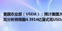 美国农业部（USDA）：预计美国大豆期末库存4.45亿蒲式耳分析师预期4.3914亿蒲式耳USDA此前预计3.40亿蒲式耳