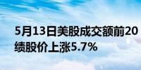 5月13日美股成交额前20：阿里即将公布业绩股价上涨5.7%