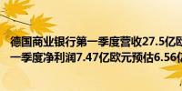 德国商业银行第一季度营收27.5亿欧元预估27.4亿欧元；第一季度净利润7.47亿欧元预估6.56亿欧元