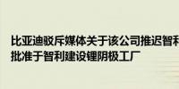 比亚迪驳斥媒体关于该公司推迟智利锂项目的报道称：等待批准于智利建设锂阴极工厂