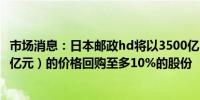 市场消息：日本邮政hd将以3500亿日元（约合人民币161.8亿元）的价格回购至多10%的股份