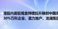 港股内房股尾盘持续拉升融创中国涨超30%雅居乐集团涨近30%万科企业、富力地产、龙湖集团等多股涨超10%