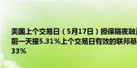 美国上个交易日（5月17日）担保隔夜融资利率（SOFR）报5.31%之前一天报5.31%上个交易日有效的联邦基金利率报5.33%之前一天报5.33%