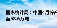 国家统计局：中国4月锌产量同比下降0.8%至58.6万吨