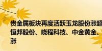 贵金属板块再度活跃玉龙股份涨超4%湖南黄金、湖南白银、恒邦股份、晓程科技、中金黄金、山东黄金、赤峰黄金等跟涨