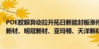 POE胶膜异动拉升拓日新能封板涨停赛伍技术触及涨停海优新材、明冠新材、亚玛顿、天洋新材、联泓新科等跟涨