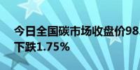 今日全国碳市场收盘价98.51元/吨较前一日下跌1.75%