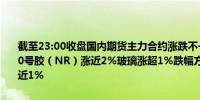 截至23:00收盘国内期货主力合约涨跌不一聚氯乙烯（PVC）涨超3%20号胶（NR）涨近2%玻璃涨超1%跌幅方面纸浆跌超1%铁矿、烧碱跌近1%