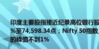 印度主要股指接近纪录高位银行股上涨Sensex指数上涨0.5%至74,598.34点；Nifty 50指数上涨0.5%距离4月初触及的峰值不到1%