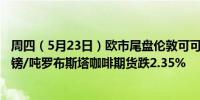 周四（5月23日）欧市尾盘伦敦可可期货涨7.31%报5594英镑/吨罗布斯塔咖啡期货跌2.35%