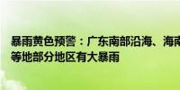 暴雨黄色预警：广东南部沿海、海南岛东北部、福建西北部等地部分地区有大暴雨