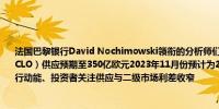 法国巴黎银行David Nochimowski领衔的分析师们表示：上调欧元计价贷款抵押债券（CLO）供应预期至350亿欧元2023年11月份预计为250亿欧元技术面强劲、5月份获得发行动能、投资者关注供应与二级市场利差收窄