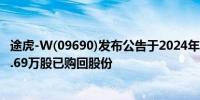 途虎-W(09690)发布公告于2024年6月3日该公司注销1228.69万股已购回股份