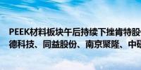 PEEK材料板块午后持续下挫肯特股份跌近9%沃特股份、崇德科技、同益股份、南京聚隆、中研股份等跟跌