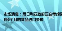 市场消息：尼日利亚政府正在考虑采取措施遏制通胀考虑暂停6个月的食品进口关税