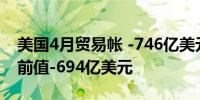 美国4月贸易帐 -746亿美元预期-761亿美元前值-694亿美元