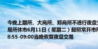 今晚上期所、大商所、郑商所不进行夜盘交易6月8日-10日国内期货交易所休市6月11日（星期二）起照常开市所有合约集合竞价时间为上午08:55-09:00当晚恢复夜盘交易