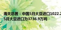 海关总署：中国5月大豆进口1022.2万吨4月为857.2万吨1-5月大豆进口为3736.9万吨