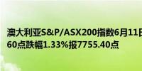 澳大利亚S&P/ASX200指数6月11日（周二）收盘下跌104.60点跌幅1.33%报7755.40点