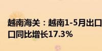 越南海关：越南1-5月出口同比增长14.9%进口同比增长17.3%